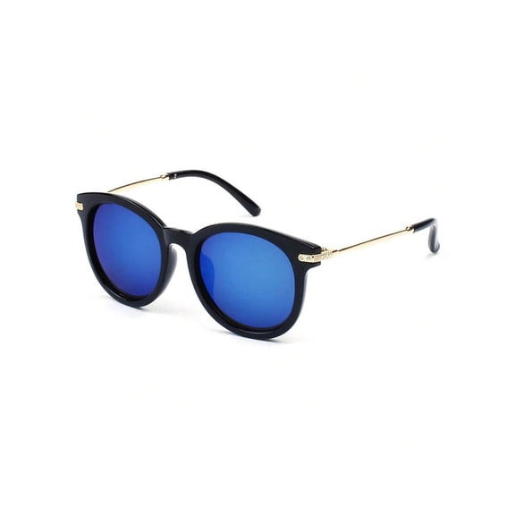 Oversized Round Sunglasses, Black Frame Blue Mirror Lens Gold Detail - UV400 Protection Fashion Shades for Daily & Outdoor Use