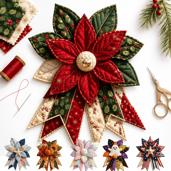 Oversized Seasonal Quilted Door Bow DIY Sewing Kit, 15.75 Inch Layered Patchwork Fabric Door Decor Craft for Front Door Wall Mantel Porch, Multiple Holiday Designs Available(1pcs)