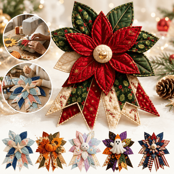 Oversized Seasonal Quilted Door Bow DIY Sewing Kit, 15.75 Inch Patchwork Fabric Craft for Front Door Wall Porch Mantel Decor, Beginner Sewing Project, Multiple Designs