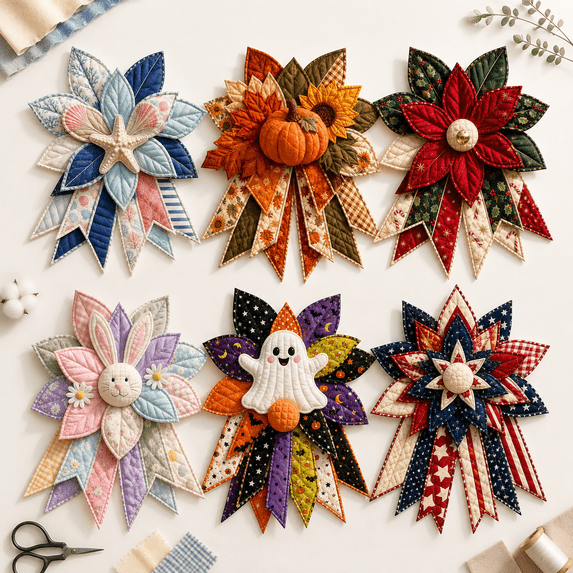 Oversized Seasonal Quilted Door Bow DIY Sewing Kit, 40cm Quilted Fabric Door Hanging Craft, Farmhouse Patchwork Decor for Holidays and Seasons, Multiple Designs Available