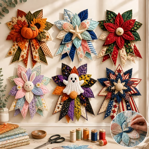 Oversized Seasonal Quilted Door Bow DIY Sewing Kit – All-in-One 15.75" Quilting Project – Adds Festive Charm to Porch, Wreath, or Living Room Decor