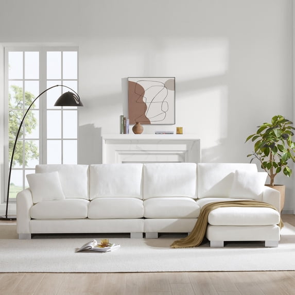 Oversized Sectional Couch with Chaise Lounge, Atumon 5-Seat L-Shaped Couch with 2 Pillows, Modern L-Shaped Couch Set Furniture, Upholstered Sectional Couch for Living Room Apartment, White