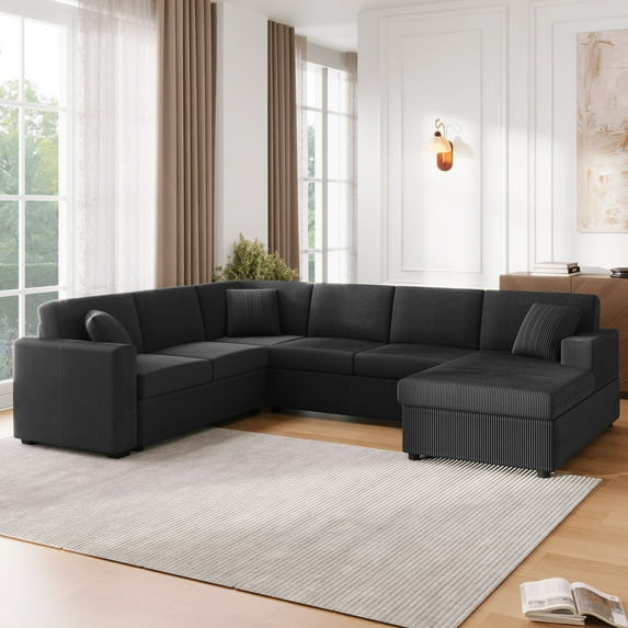 Oversized Sectional Sofa 115.3" U-Shaped Sofa with a Chaise Lounge and Three Soft Throw Pillows for Living Room (Black)