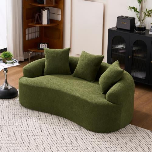Loveseat Sectional Sofa for Living Room, 66.14''Modern Luxury Plush Chenille Extra Deep Seat Curved Cloud Floor Couch with 3 Throw Pillows for Small Spaces, No Assembly Needed, Antique Green