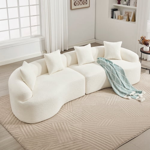 Oversized Sectional Sofa for Living Room, 110’’ Modern Luxury Plush Chenille 4-Seater Extra Deep & Wide Seat Curved Cloud Couch with 4 Throw Pillows, No Assembly Needed, White