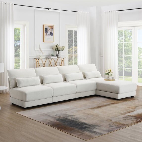 Oversized Sectional Sofa with Reversible Chaise,120" W 5-seat Armless Convertible L-shaped Couch for Living Room,Cream