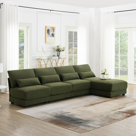 Oversized Sectional Sofa with Reversible Chaise,120" W 5-seat Armless Convertible L-shaped Couch for Living Room,Green