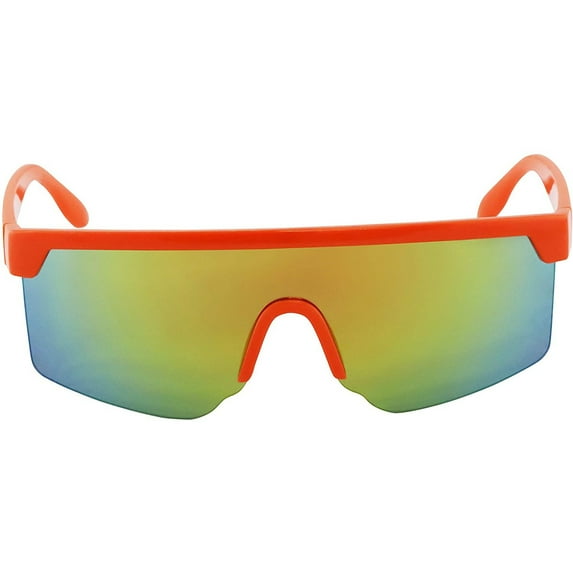 Oversized Semi Rimless Neon Rainbow Mirrored Shield Flat Top Sunglasses