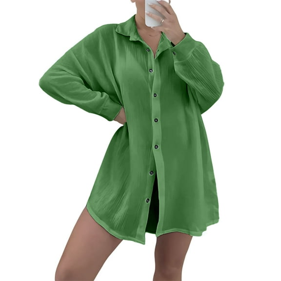 Oversized Sequin Shirts Dress Long Sleeve Button Down Shirt Women Beach Cover Ups Summer 2025 Green L