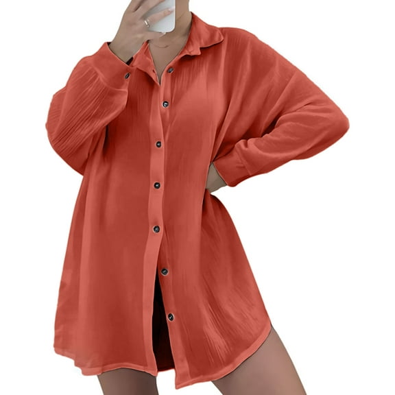Oversized Sequin Shirts Dress Long Sleeve Button Down Shirt Women Beach Cover Ups Summer 2025 Orange Color S