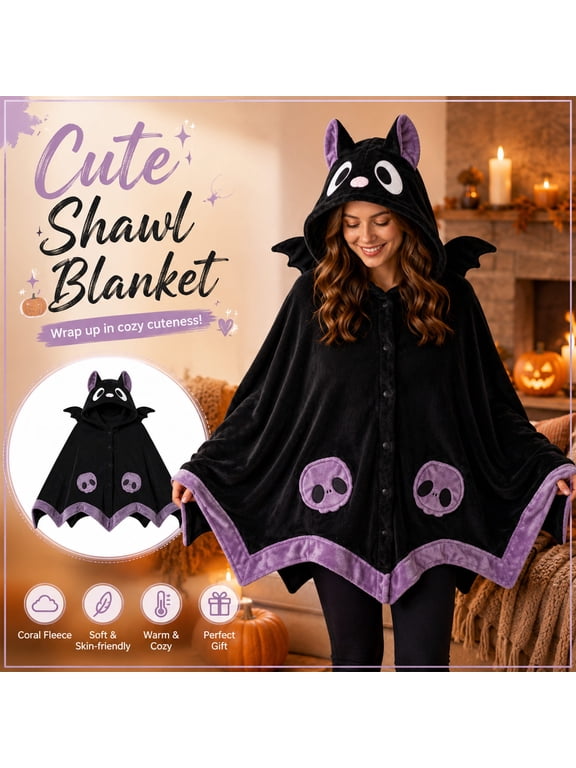 Oversized Sherpa Bat Wearable Blanket Hoodie for Women, Skin-Friendly Hooded Cape with Bat Wings, Cozy Warm Throw Wrap for Halloween Cosplay Daily Camping