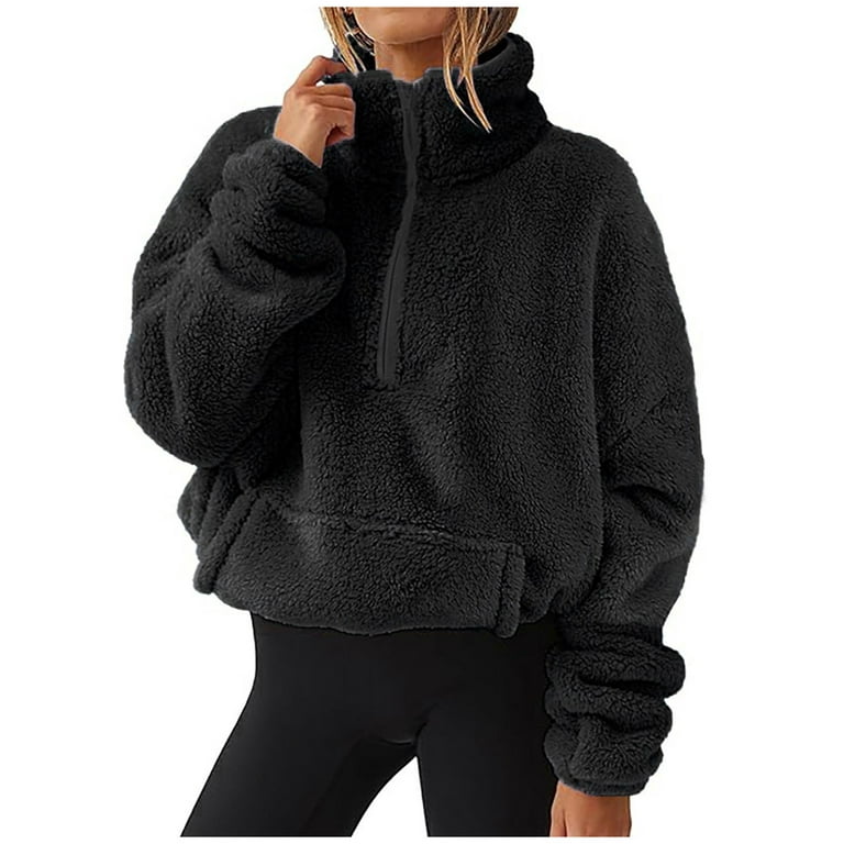 Oversized Sherpa Fleece Sweater Tops Women Half Zip Pocket Plain Pullover  Sweatshirts Long Sleeve Warm Plush Outwear (XX-Large, Black)