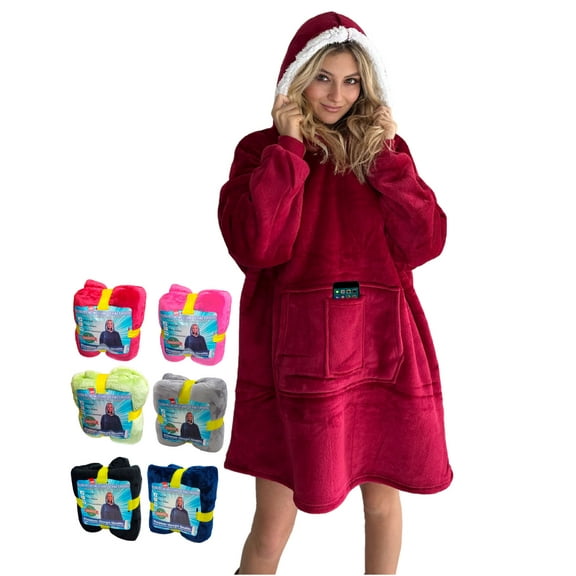 Oversized Sherpa Hoodie Sweatshirt - Warm Luxurious Fleece Microfiber Hoodie Blanket - Cozy, Reversible, Hooded, w/ Comfortable 3 Pockets - Large Unisex Red