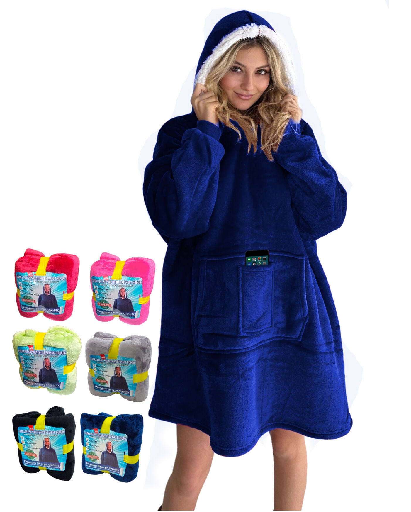 Oversized Sherpa Hoodie Sweatshirt - Warm Luxurious Fleece Microfiber Hoodie Blanket - Cozy, Reversible, Hooded, w/ Comfortable Large Pockets - Large Unisex Blue