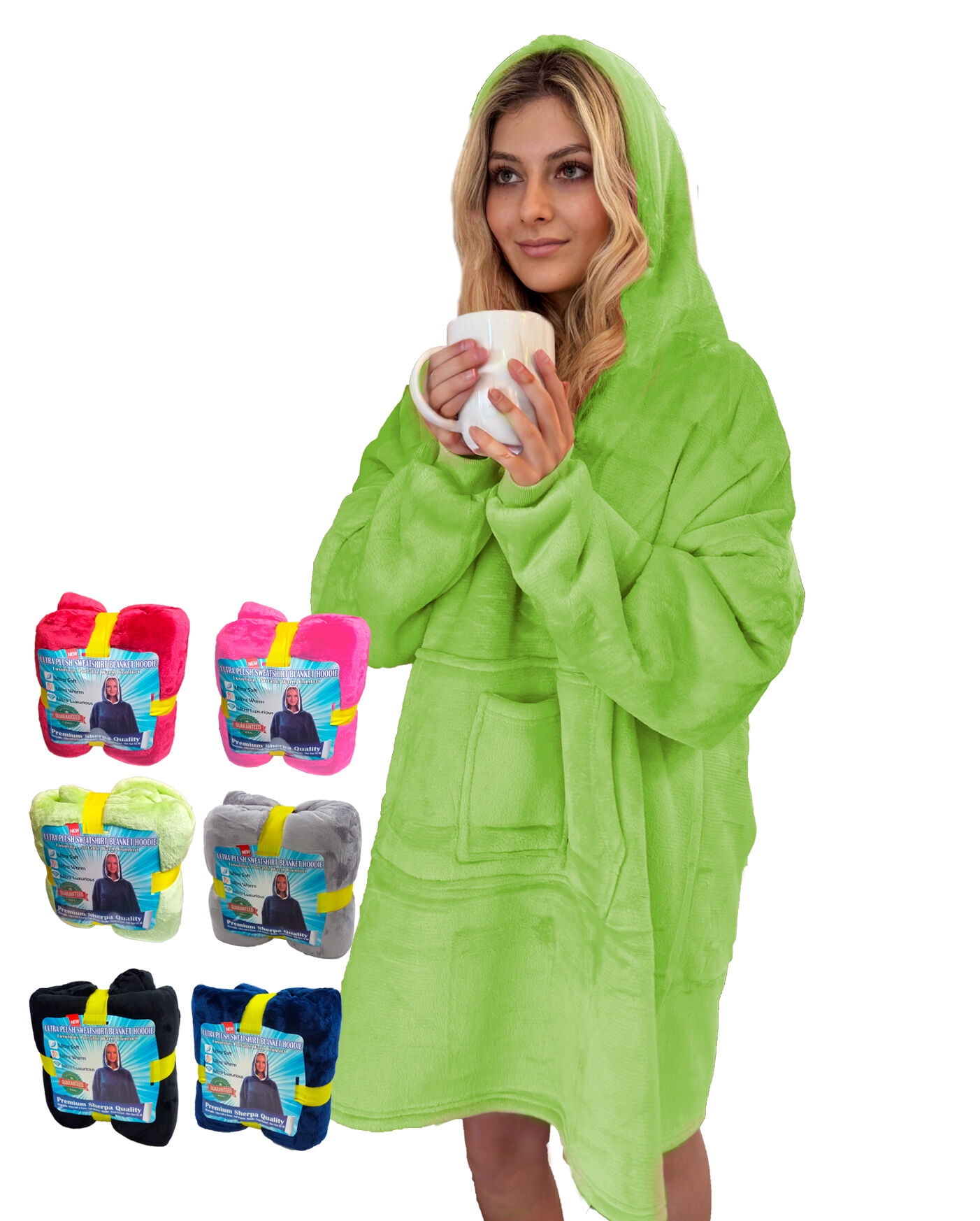 Oversized Sherpa Hoodie Sweatshirt - Warm Luxurious Fleece Microfiber Hoodie Blanket - Cozy, Reversible, Hooded, w/ Comfortable Large Pockets - Large Unisex Green