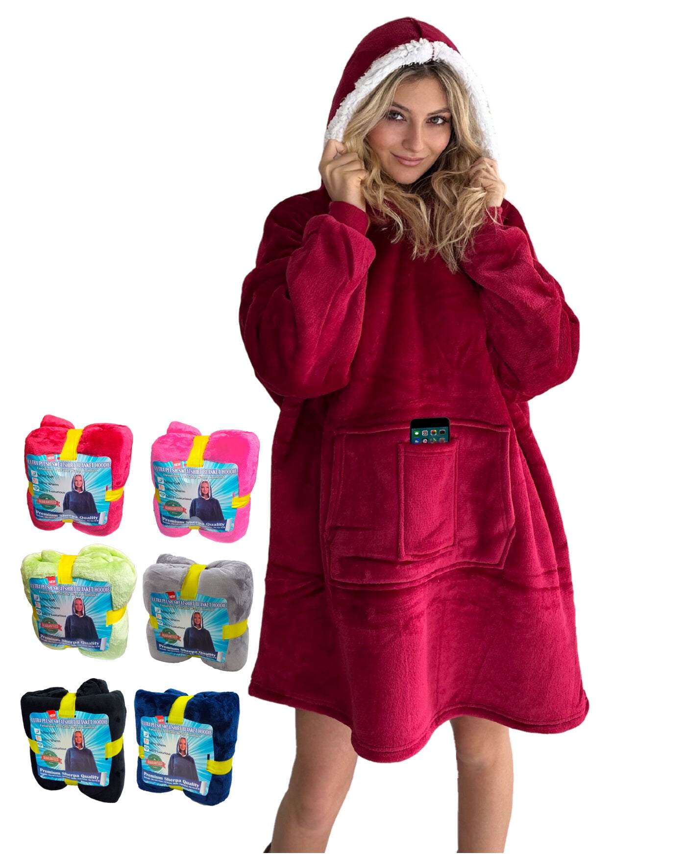 Oversized Sherpa Hoodie Sweatshirt - Warm Luxurious Fleece Microfiber Hoodie Blanket - Cozy, Reversible, Hooded, w/ Comfortable Large Pockets - Large Unisex Red