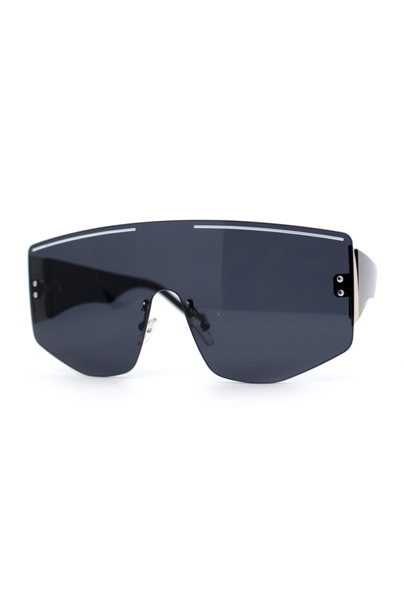 Oversized Shield Curved Top Thick Temple Mob Fashion Sunglasses All Black