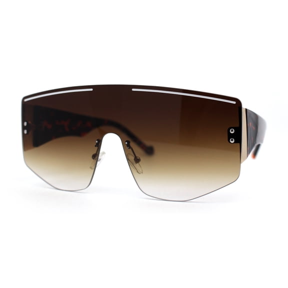 Oversized Shield Curved Top Thick Temple Mob Fashion Sunglasses Tortoise Brown
