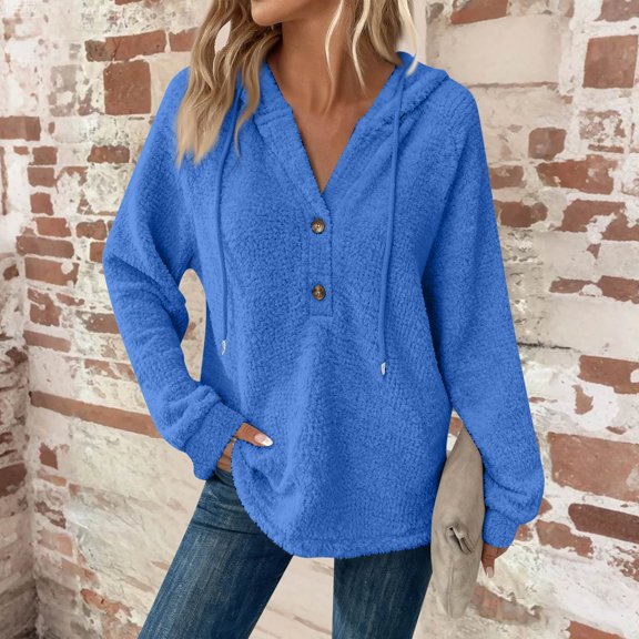 Oversized Shirt Women Fall Long Sleeve Flannel Hoodies Loose Fit Casual Warm Tops Dressy Cute Hooded Sweatshirts Blue S