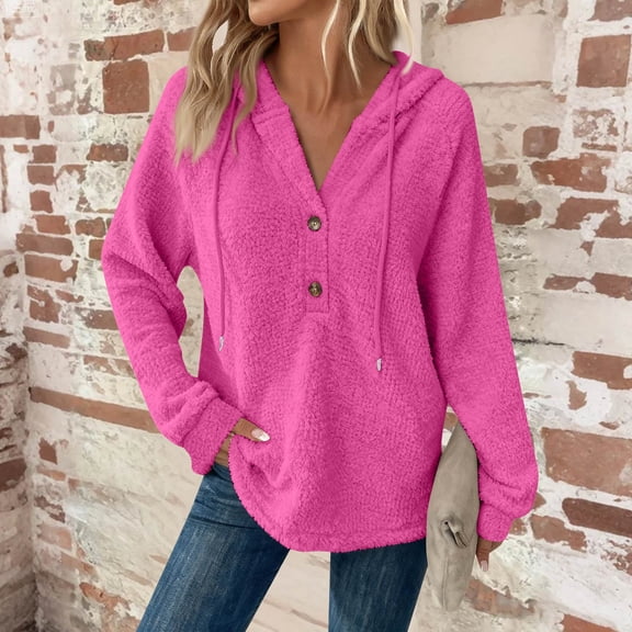 Oversized Shirt Women Fall Long Sleeve Flannel Hoodies Loose Fit Casual Warm Tops Dressy Cute Hooded Sweatshirts Hot Pink XL