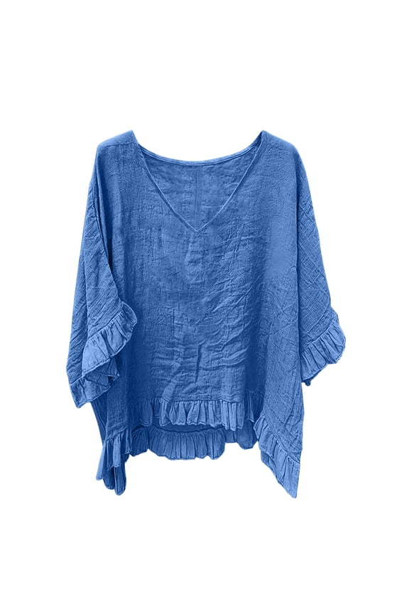 Oversized Shirts for Women V Neck 3/4 Sleeve Ruffle Blouses Casual Bohemian Flowy Tunic Top Plus Size Tees Hawaiian Boho Beach Holiday Loose Retro Tee Shirt
