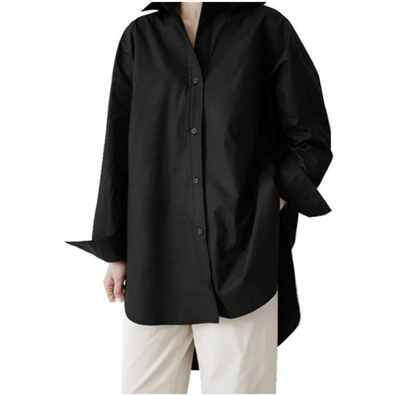 Oversized Shirts for Women Long Sleeve Hi-Lo Hem Casual Loose Long Blouses V Neck Collared Button Down T Shirts Tops
