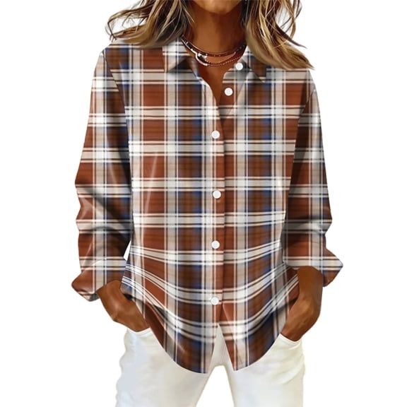 Oversized Shirts for Women Long Sleeve Plaid Button Down Shirts Lightweight Dressy Casual Tops Holiday Blouses Brown S