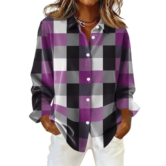 Oversized Shirts for Women Long Sleeve Plaid Button Down Shirts Lightweight Dressy Casual Tops Holiday Blouses Purple 2XL