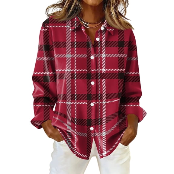Oversized Shirts for Women Long Sleeve Plaid Button Down Shirts Lightweight Dressy Casual Tops Holiday Blouses Red 2XL