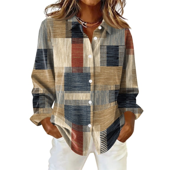 Oversized Shirts for Women Long Sleeve Stripe Button Down Shirts Lightweight Dressy Casual Tops Holiday Blouses Khaki 2XL
