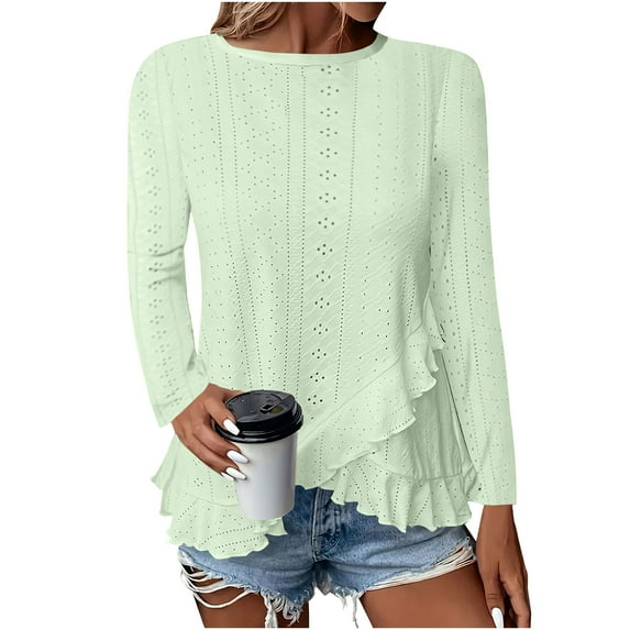 Oversized Shirts for Women Ruffle Hem Long Sleeve Tunic Pullovers Fall Trendy Eyelet Crew Neck Embroidered Solid Color Loose Tops