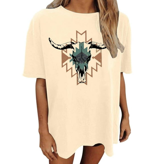 Oversized Shirts for Women Vintage Country Music Cowboy Graphic Short Sleeve Tees Casual Trendy Relaxed Fit Workout Tops Z001-Beige L