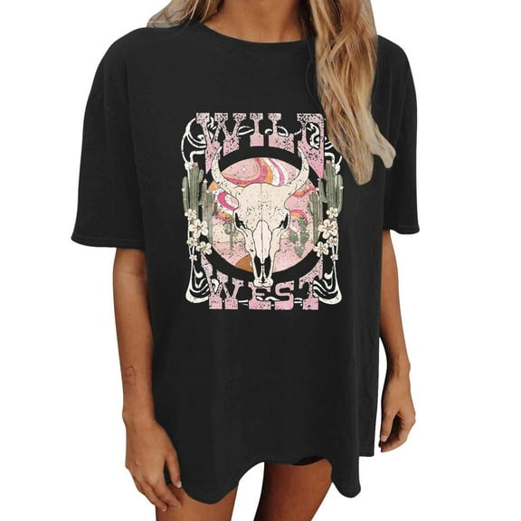 Oversized Shirts for Women Vintage Country Music Cowboy Graphic Short Sleeve Tees Casual Trendy Relaxed Fit Workout Tops Z002-Black XXL