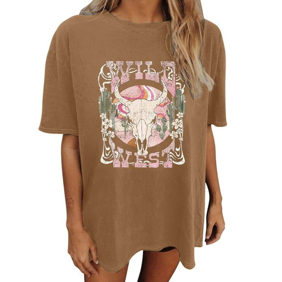Oversized Shirts for Women Vintage Country Music Cowboy Graphic Short Sleeve Tees Casual Trendy Relaxed Fit Workout Tops Z002-Coffee L