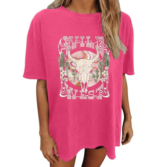 Oversized Shirts for Women Vintage Country Music Cowboy Graphic Short Sleeve Tees Casual Trendy Relaxed Fit Workout Tops Z002-Hot Pink XXL
