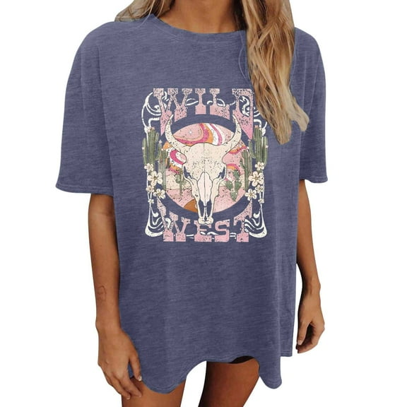 Oversized Shirts for Women Vintage Country Music Cowboy Graphic Short Sleeve Tees Casual Trendy Relaxed Fit Workout Tops Z002-Navy L