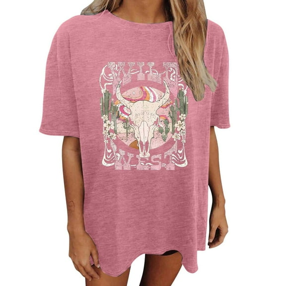 Oversized Shirts for Women Vintage Country Music Cowboy Graphic Short Sleeve Tees Casual Trendy Relaxed Fit Workout Tops Z002-Pink XXL