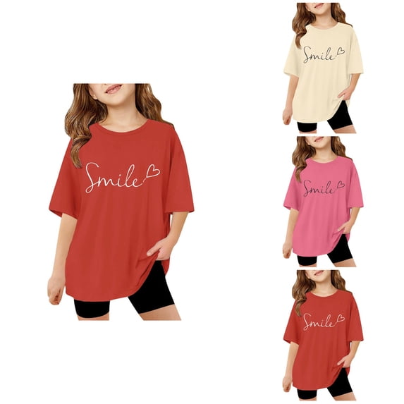 Oversized Short Sleeve T-Shirts for Girls, Letter Print Graphic Crewneck Casual Summer Tops, Drop Shoulder Loose Fit Basic Tees for Ages 3-14 Years