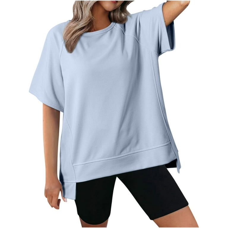 Oversized Short Sleeve T Shirts for Women 2024 Solid Color Crewneck Summer Sweatshirt Loose Workout Tops Medium Light Blue