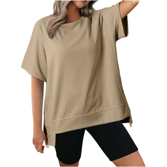 Oversized Short Sleeve Tops for Women Summer Casual Plus Size High Low Hem Loose Sweatshirt T Shirts S-3XL (XX-Large, Khaki)