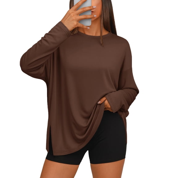 Oversized Side Slit Tshirts for Women Long Sleeve Workout Tops Fall Fashion Gym Casual Tees Basic Y2K Clothes Coffee XL