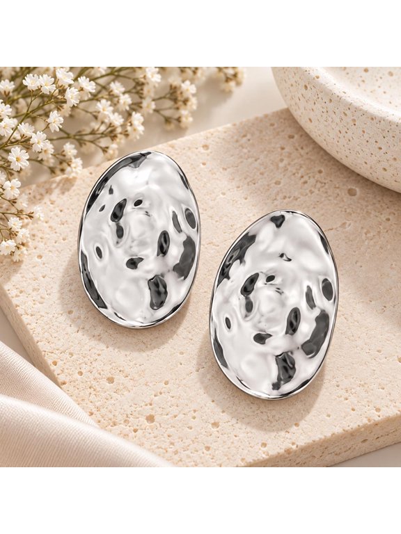 Oversized Silver Earrings Hammered Disc Statement Jewelry With Post Back Closure For Bold Modern Style