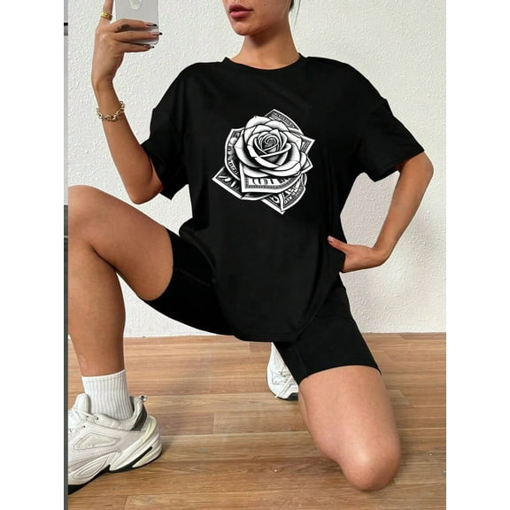 Oversized Simple Drop Shoulder T-Shirt With Roses And Dollar Bills Print Graphic Tees Women Tops