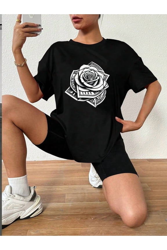Oversized Simple Drop Shoulder T-Shirt With Roses And Dollar Bills Print Graphic Tees Women Tops