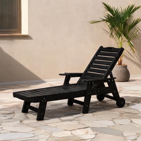 Oversized Single-Person Chaise Lounge with Wood Texture, 5-Position Manual Recline, HDPE, Classic Black