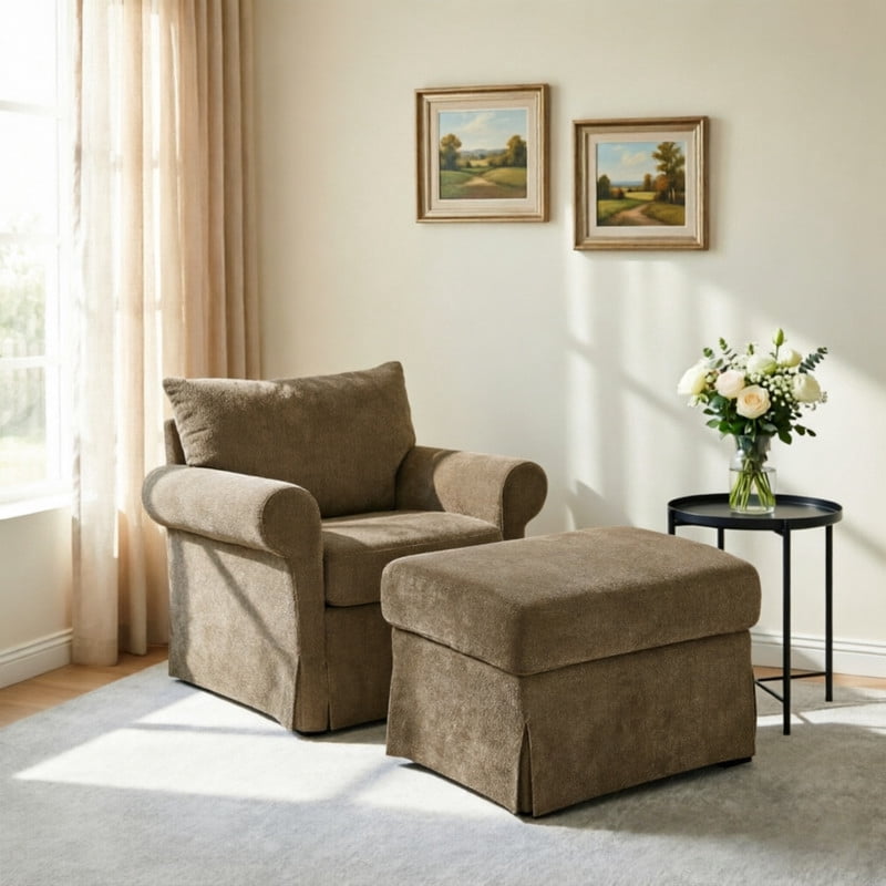 Oversized Single Sofa Chair w/ Ottoman Set, Chenille Accent Chaise Lounge, Modern Upholstered Armchair w/ Backrest Pillow