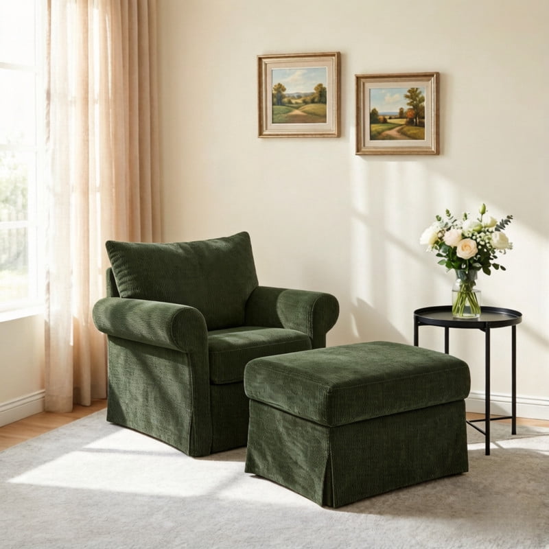 Oversized Single Sofa Chair w/ Ottoman Set, Chenille Accent Chaise Lounge, Modern Upholstered Armchair w/ Backrest Pillow