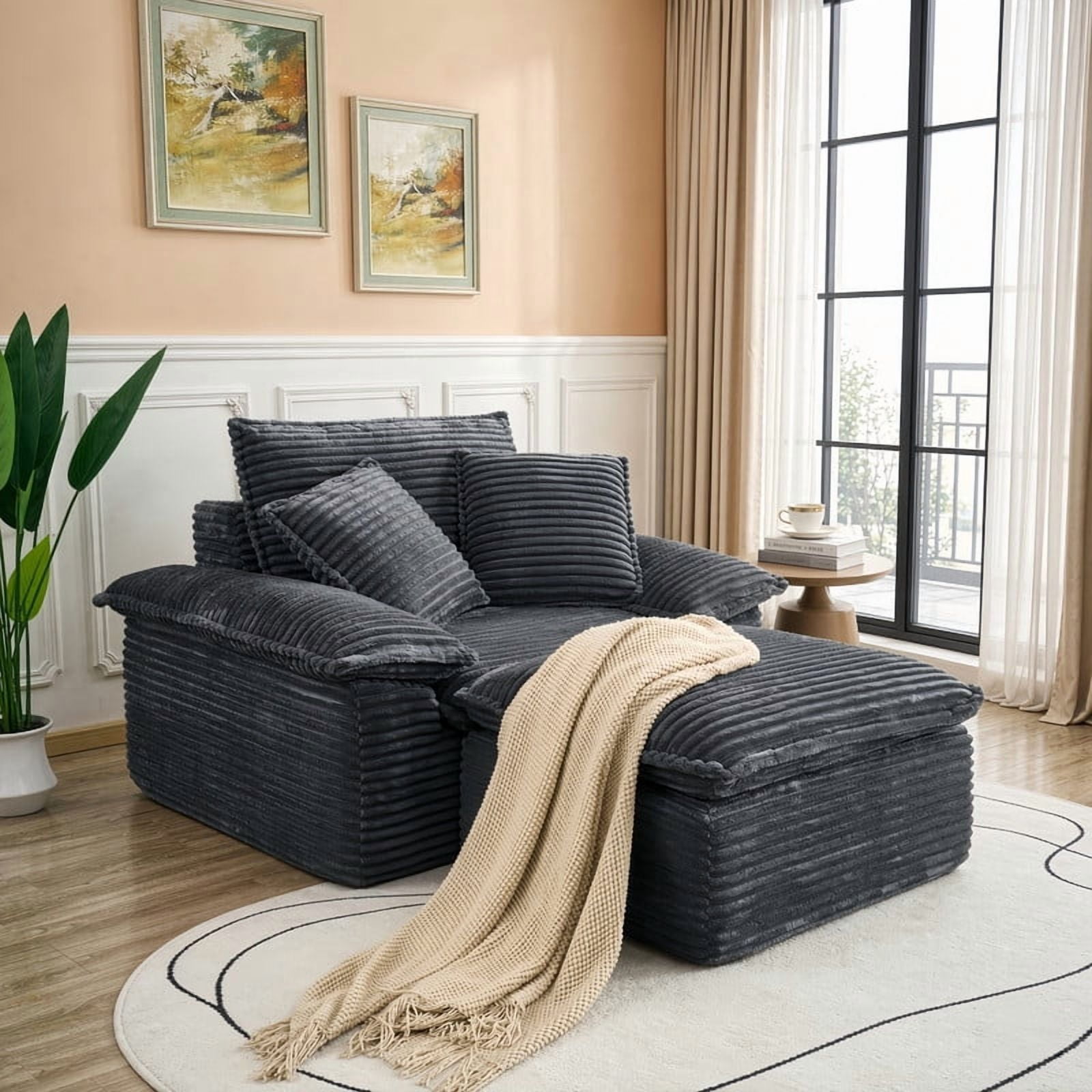 Oversized Single Sofa Chair with Movable 2-Layer Ottoman Set, Chaise Lounge Lazy Sofa, Modular Accent Floor Sofa