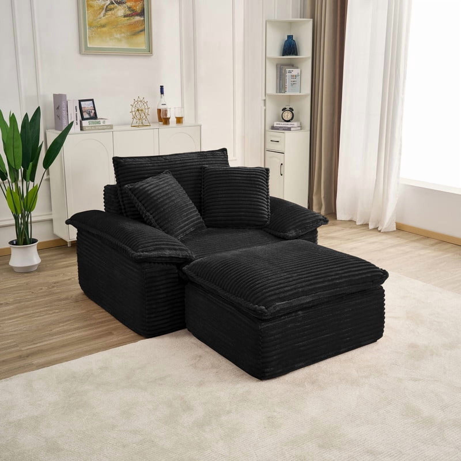 Oversized Single Sofa Chair with Movable 2-Layer Ottoman Set, Chaise Lounge Lazy Sofa, Modular Accent Floor Sofa