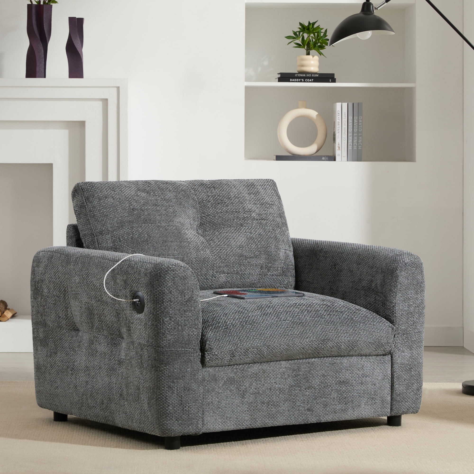 Oversized Single Sofa, Upholstered Accent Chair with Dual-port Charger, Modern Armchair with Wide Seat for Living Room & Apartment, Gray
